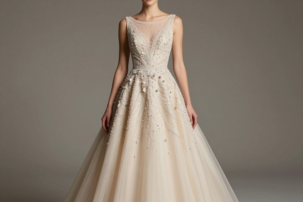 champagne colored beaded A-line mother of the bride dress with elegant neckline