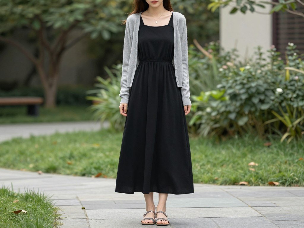 comfortable maxi dress with cardigan and sandals