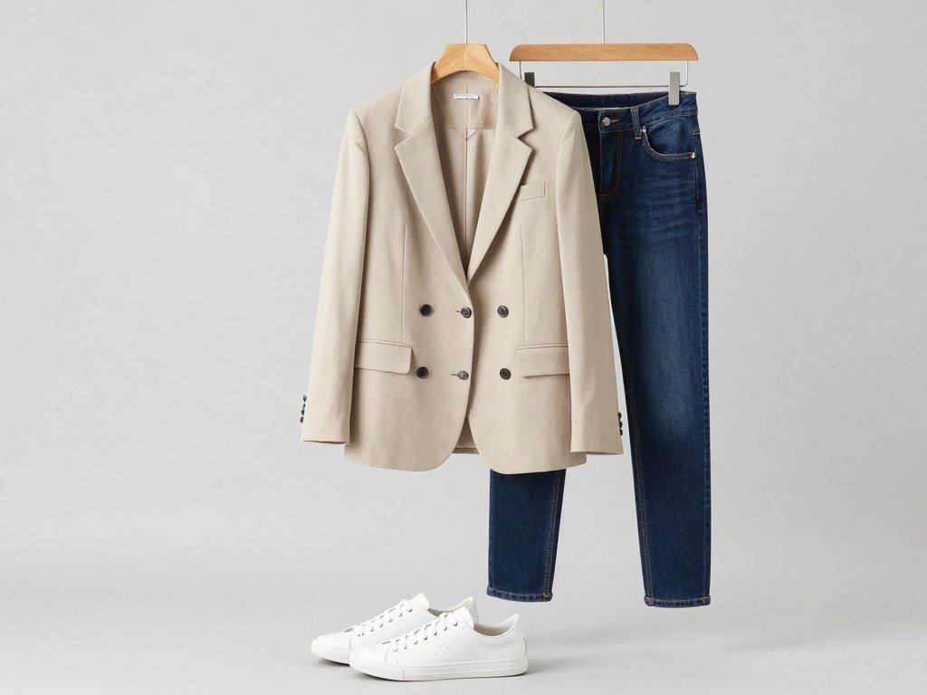 dark jeans styled with blazer and white sneakers