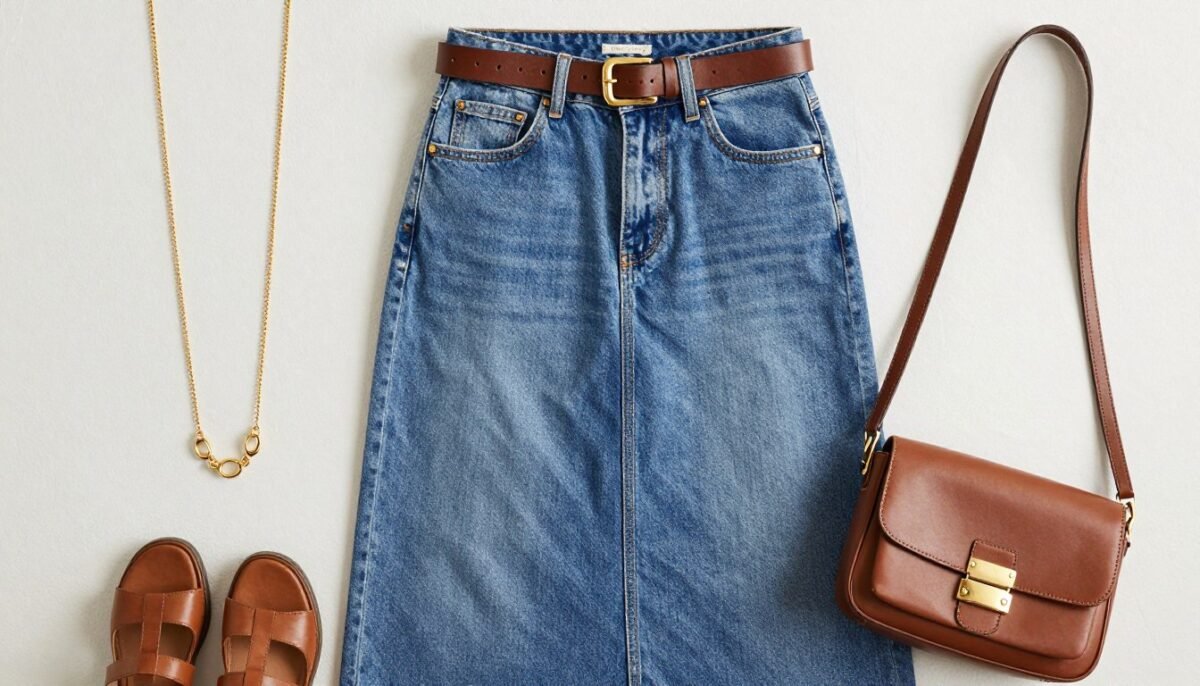 denim maxi skirt accessorized with belt jewelry and bag styling details denim maxi skirt accessorized with belt jewelry and bag styling details