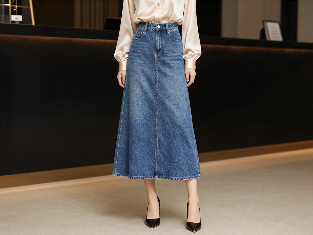 denim maxi skirt dressed up with silk blouse and high heels denim maxi skirt dressed up with silk blouse and high heels