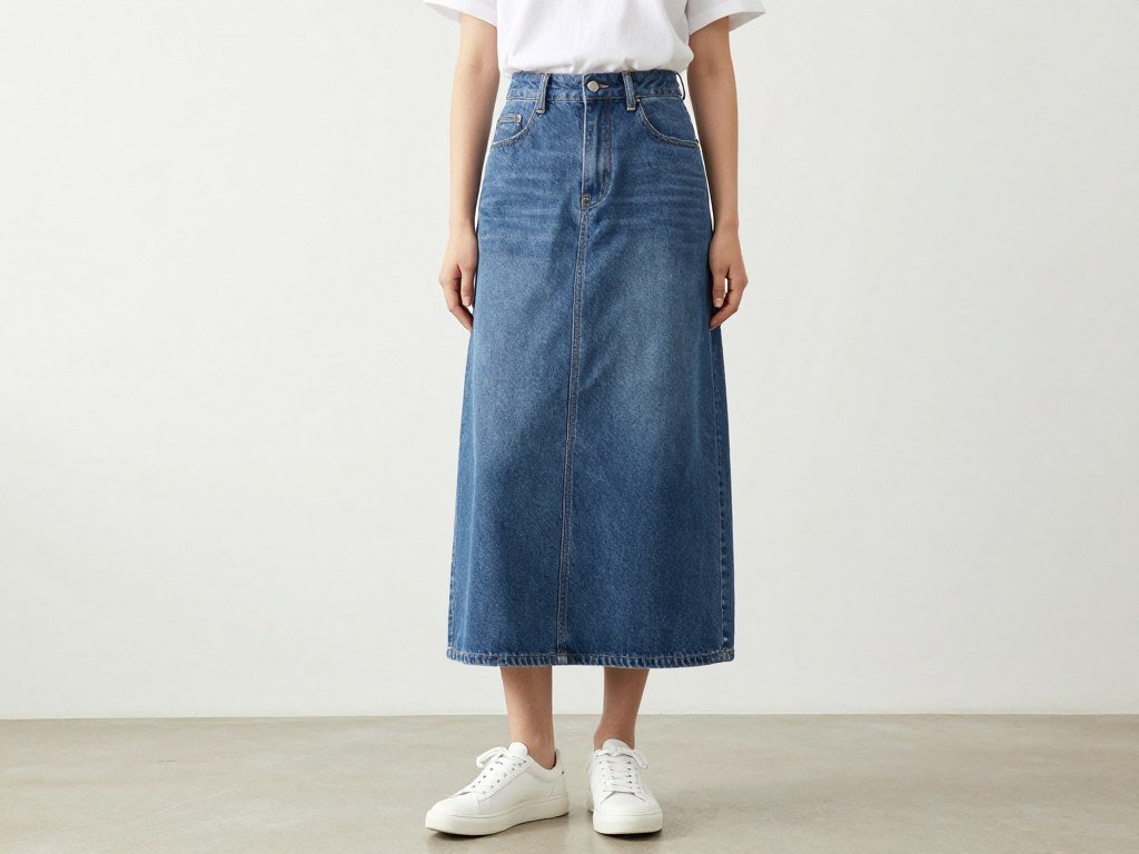 denim maxi skirt styled with white t-shirt and sneakers casual outfit denim maxi skirt styled with white t-shirt and sneakers casual outfit