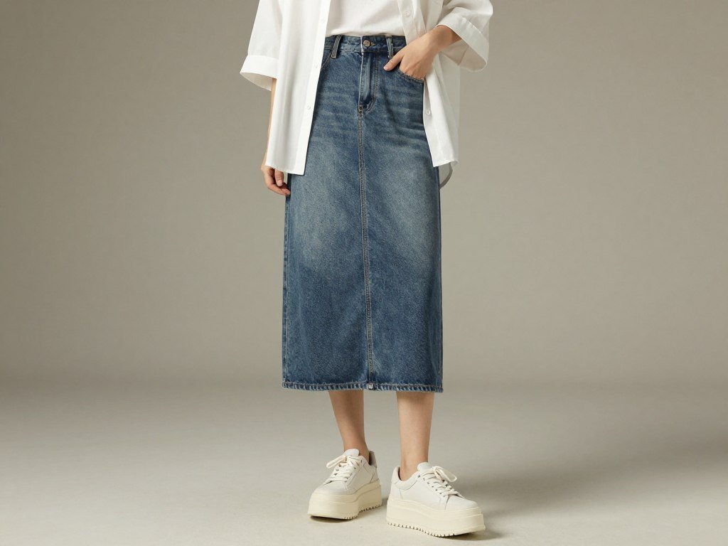 denim midi skirt with oversized shirt and chunky sneakers casual trendy look denim midi skirt with oversized shirt and chunky sneakers casual trendy look