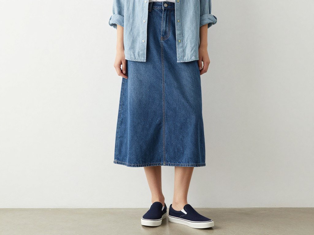 denim on denim outfit chambray shirt with long denim skirt and slip-on sneakers denim on denim outfit chambray shirt with long denim skirt and slip-on sneakers
