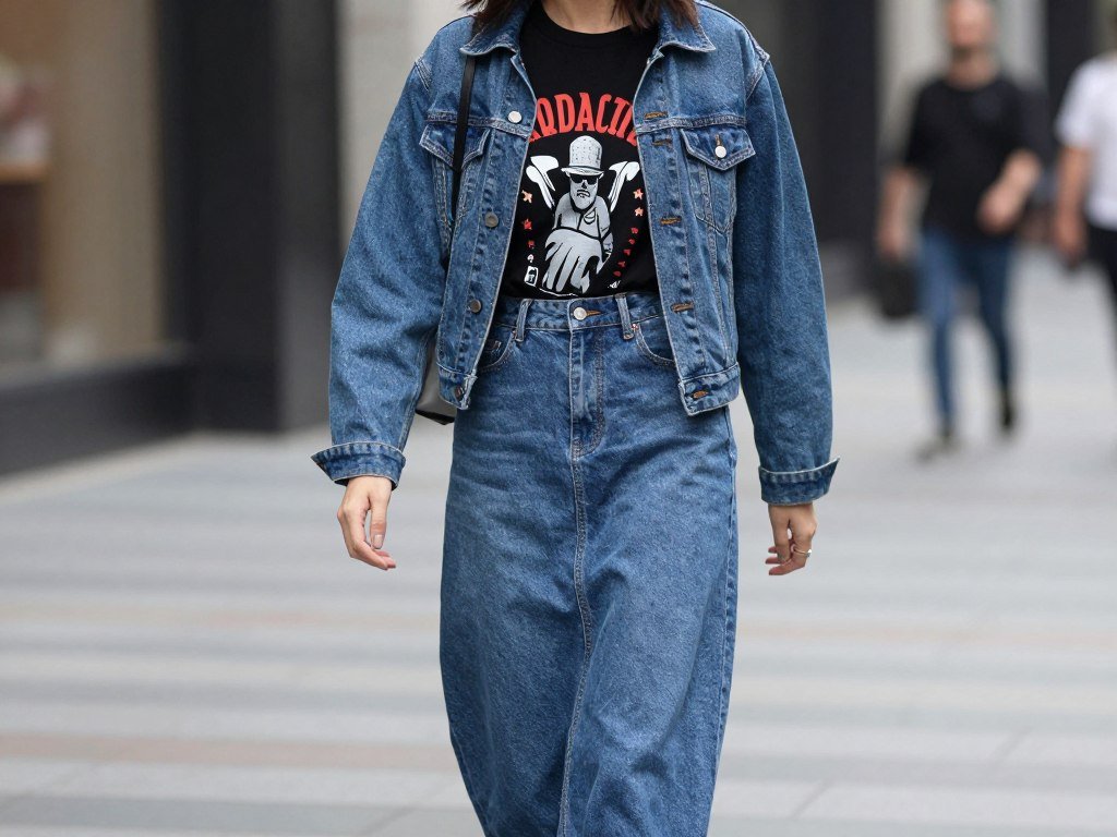 denim skirt outfit with graphic tee and denim jacket layered look denim skirt outfit with graphic tee and denim jacket layered look