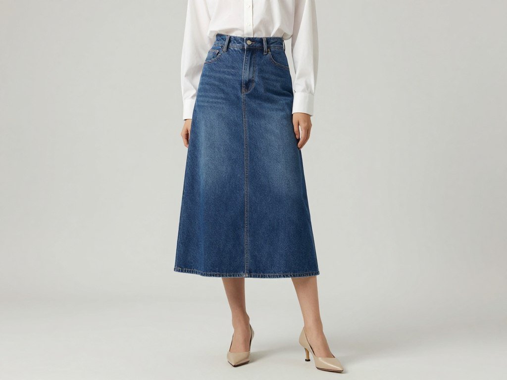 denim skirt styled with white button-down shirt and kitten heels denim skirt styled with white button-down shirt and kitten heels