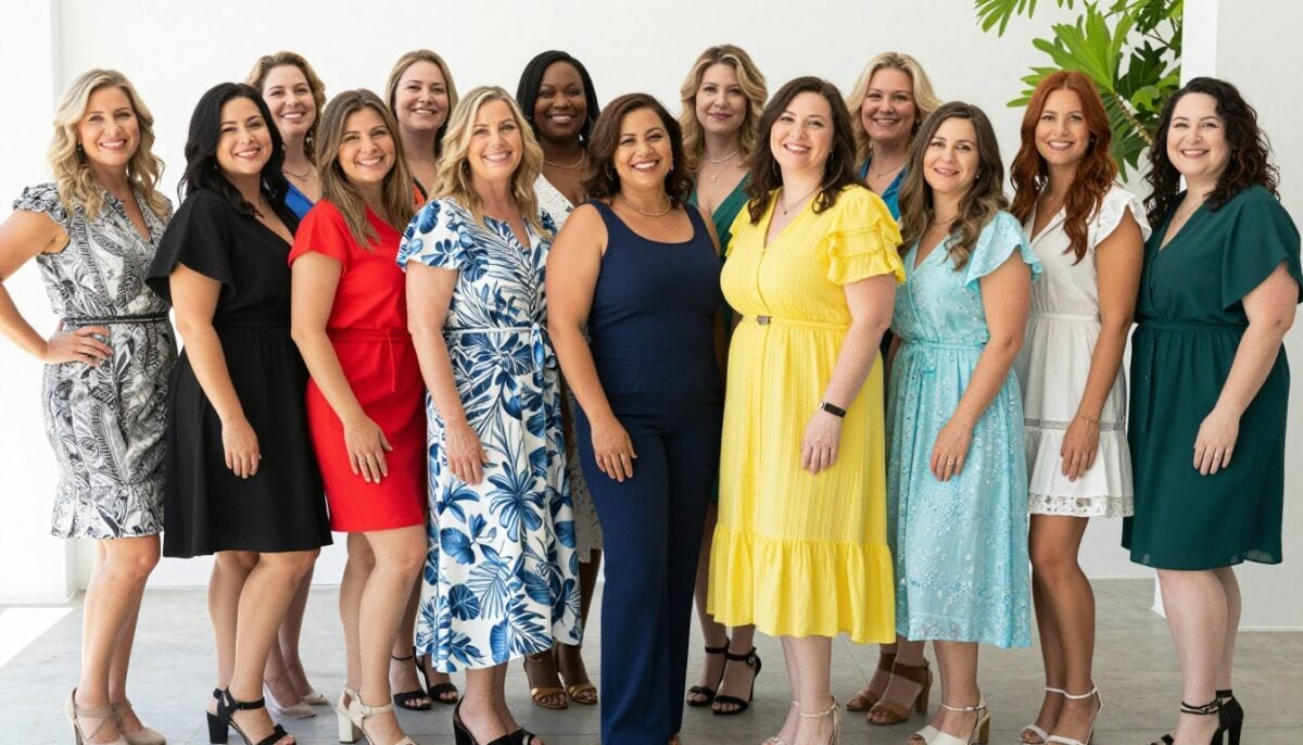 diverse group of confident plus size moms in various stylish outfits