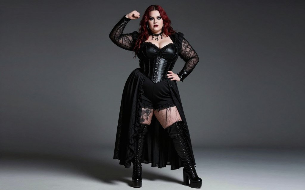 empowered plus size person in complete goth outfit