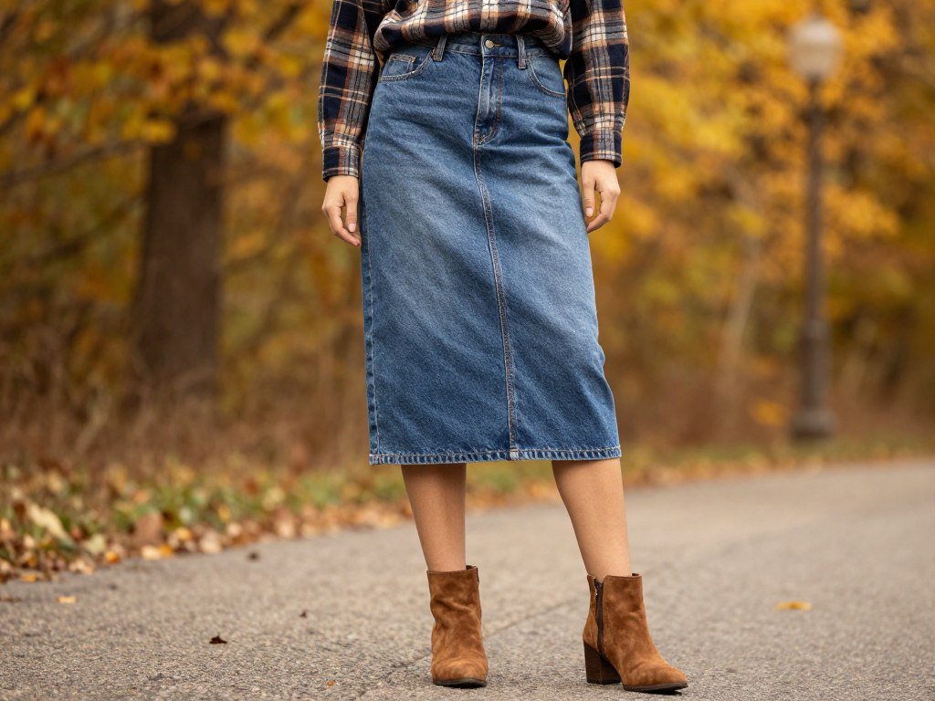 fall outfit long jean skirt with plaid flannel and ankle booties fall outfit long jean skirt with plaid flannel and ankle booties