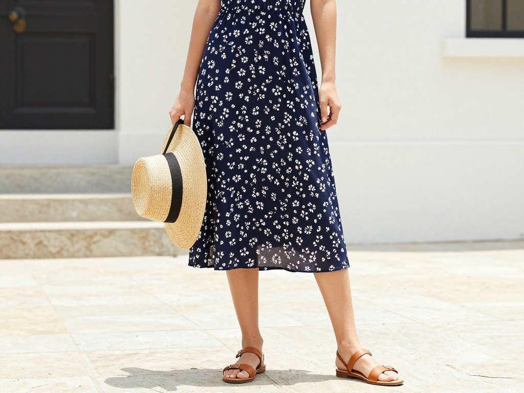 flowy midi dress with flat sandals and sun hat