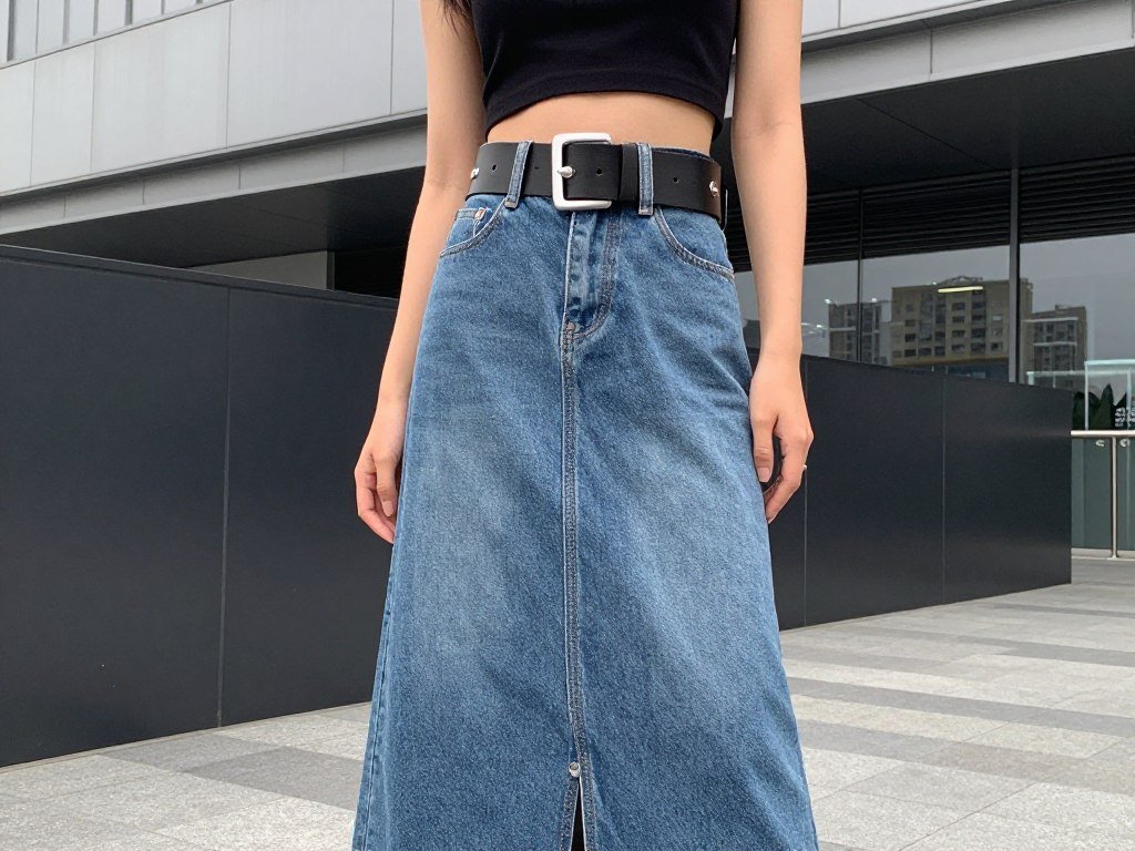 high rise denim maxi skirt with crop top and statement belt trendy outfit high rise denim maxi skirt with crop top and statement belt trendy outfit