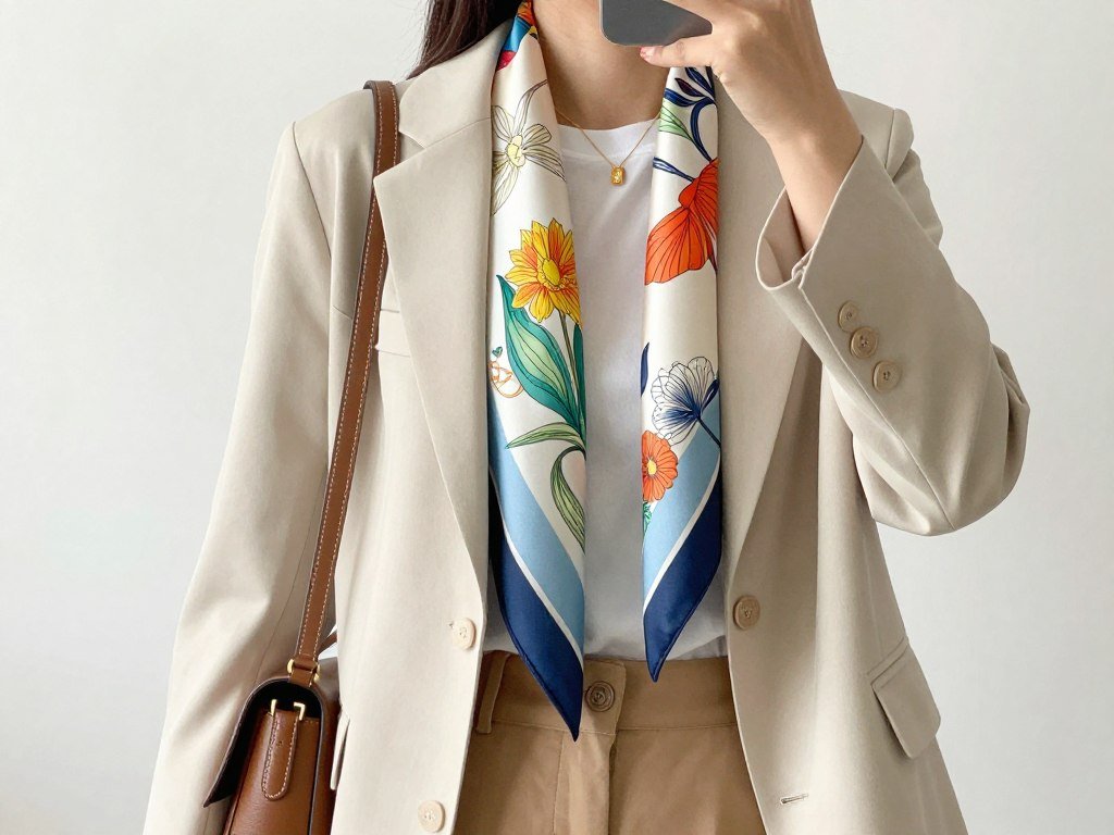 lightweight scarf adding color to neutral outfit