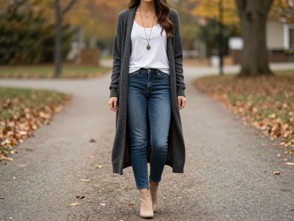 long cardigan layered over tank and jeans