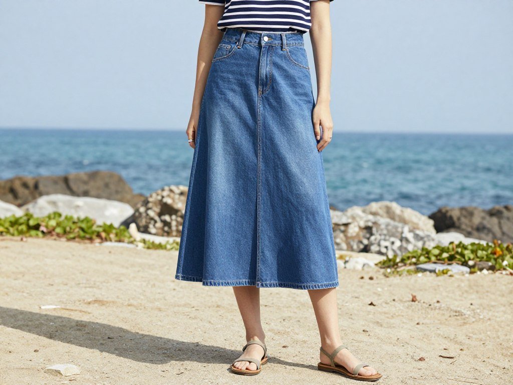 long denim skirt paired with striped nautical top and sandals long denim skirt paired with striped nautical top and sandals