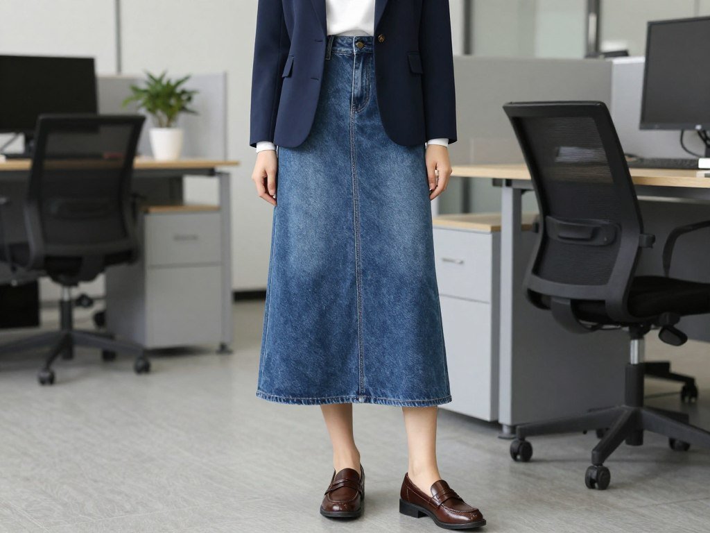 long denim skirt professional outfit with blazer and loafers long denim skirt professional outfit with blazer and loafers