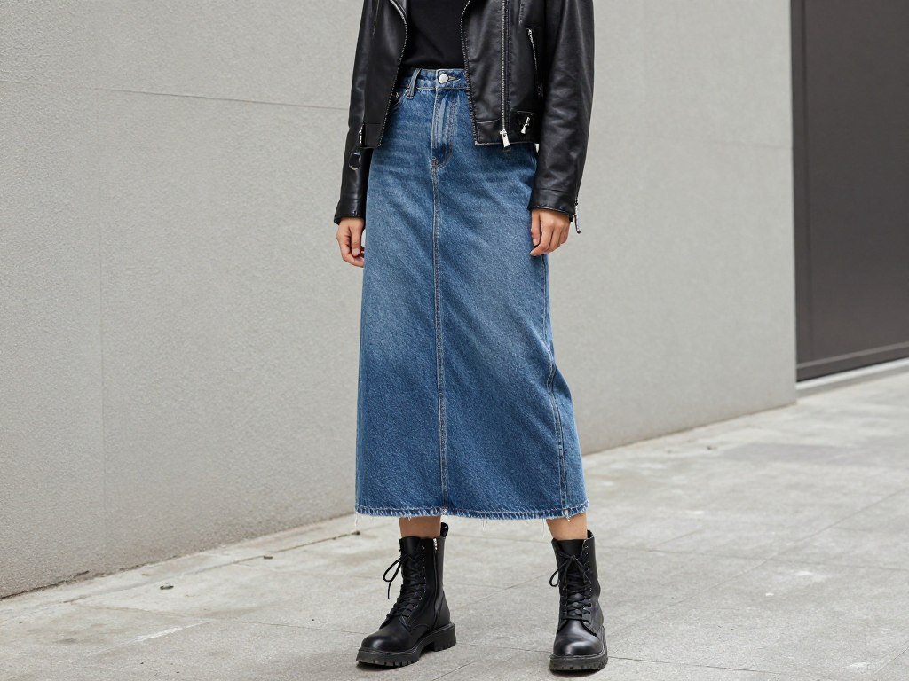 long denim skirt with leather jacket and combat boots edgy outfit long denim skirt with leather jacket and combat boots edgy outfit