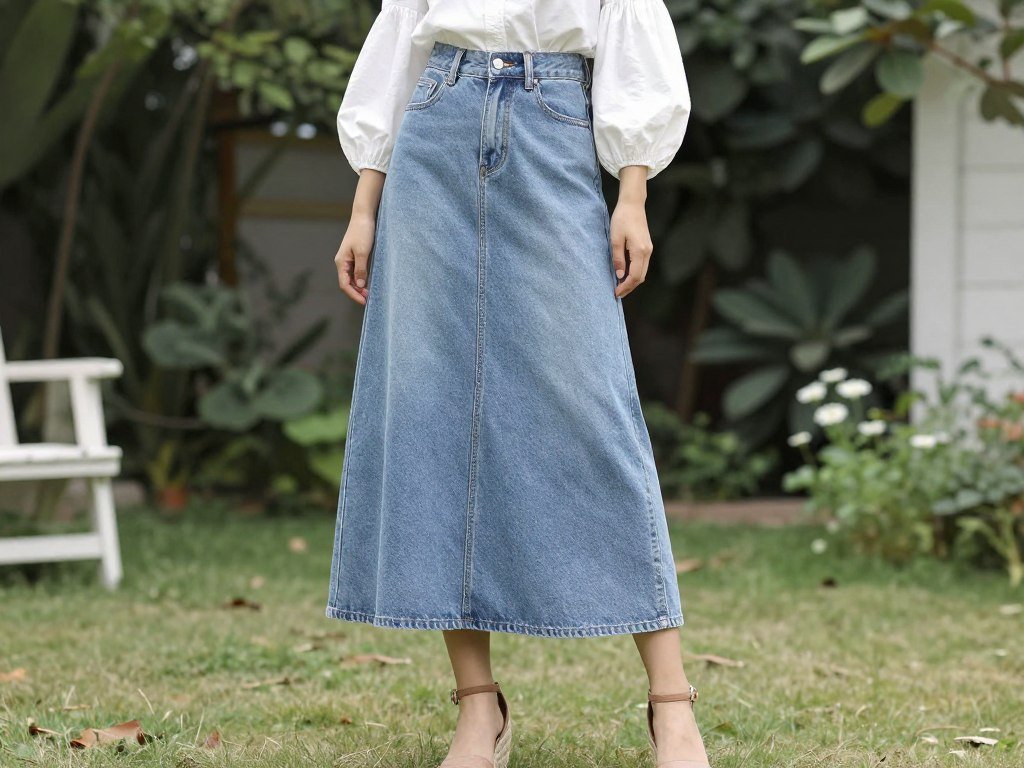 long denim skirt with puff sleeve top and espadrilles feminine romantic outfit long denim skirt with puff sleeve top and espadrilles feminine romantic outfit
