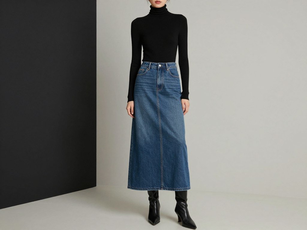 long jean skirt outfit with black turtleneck and pointed toe boots long jean skirt outfit with black turtleneck and pointed toe boots