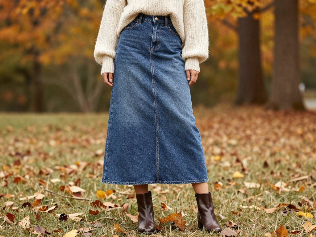 long jean skirt styled with oversized sweater and ankle boots fall outfit long jean skirt styled with oversized sweater and ankle boots fall outfit
