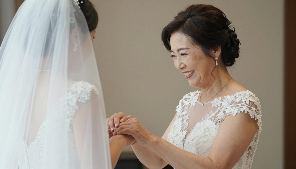 mother of the bride in elegant dress sharing emotional moment with bride