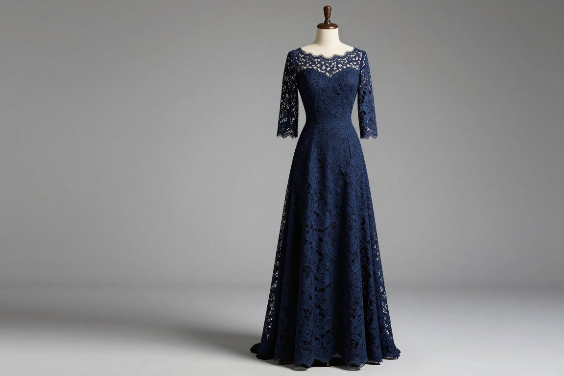 navy blue floor-length lace mother of the bride gown with three-quarter sleeves