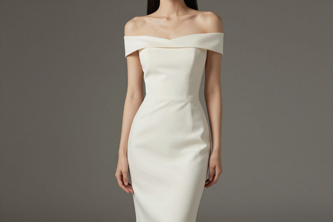off-shoulder midi length mother of the bride dress in sophisticated color
