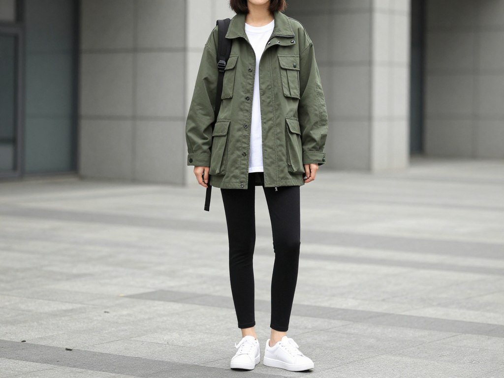 olive utility jacket over casual outfit