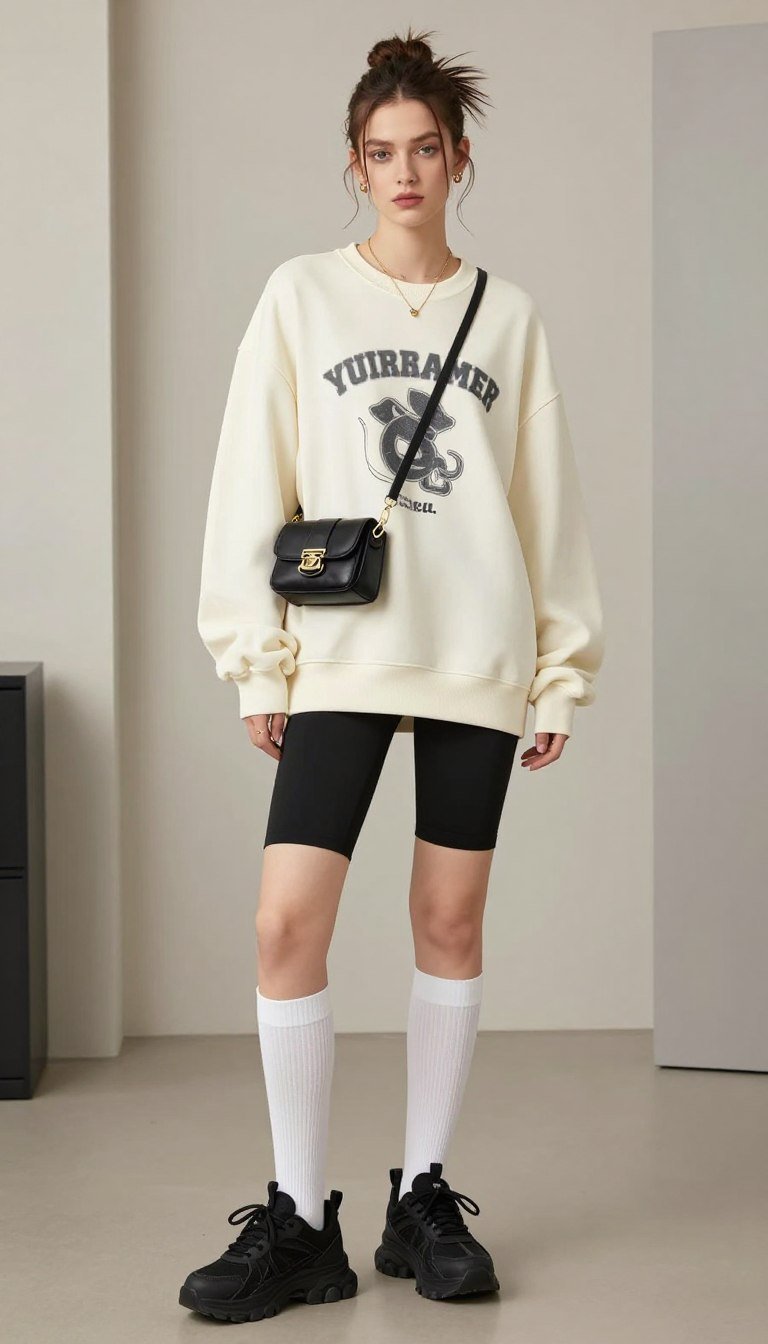 oversized sweatshirt baddie outfit with bike shorts