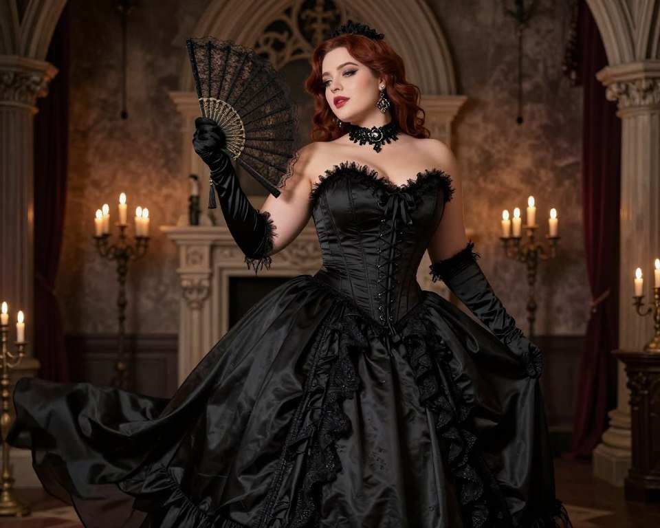 plus size Victorian corset gown in black with accessories