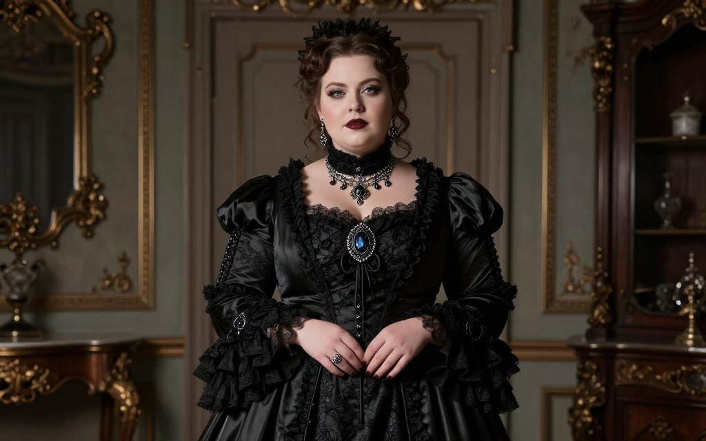 plus size Victorian goth dress with period details