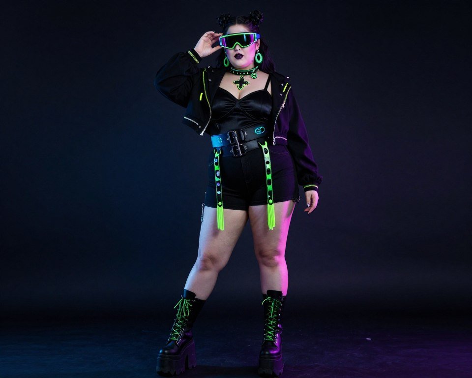plus size cyber goth outfit with neon accents and futuristic elements