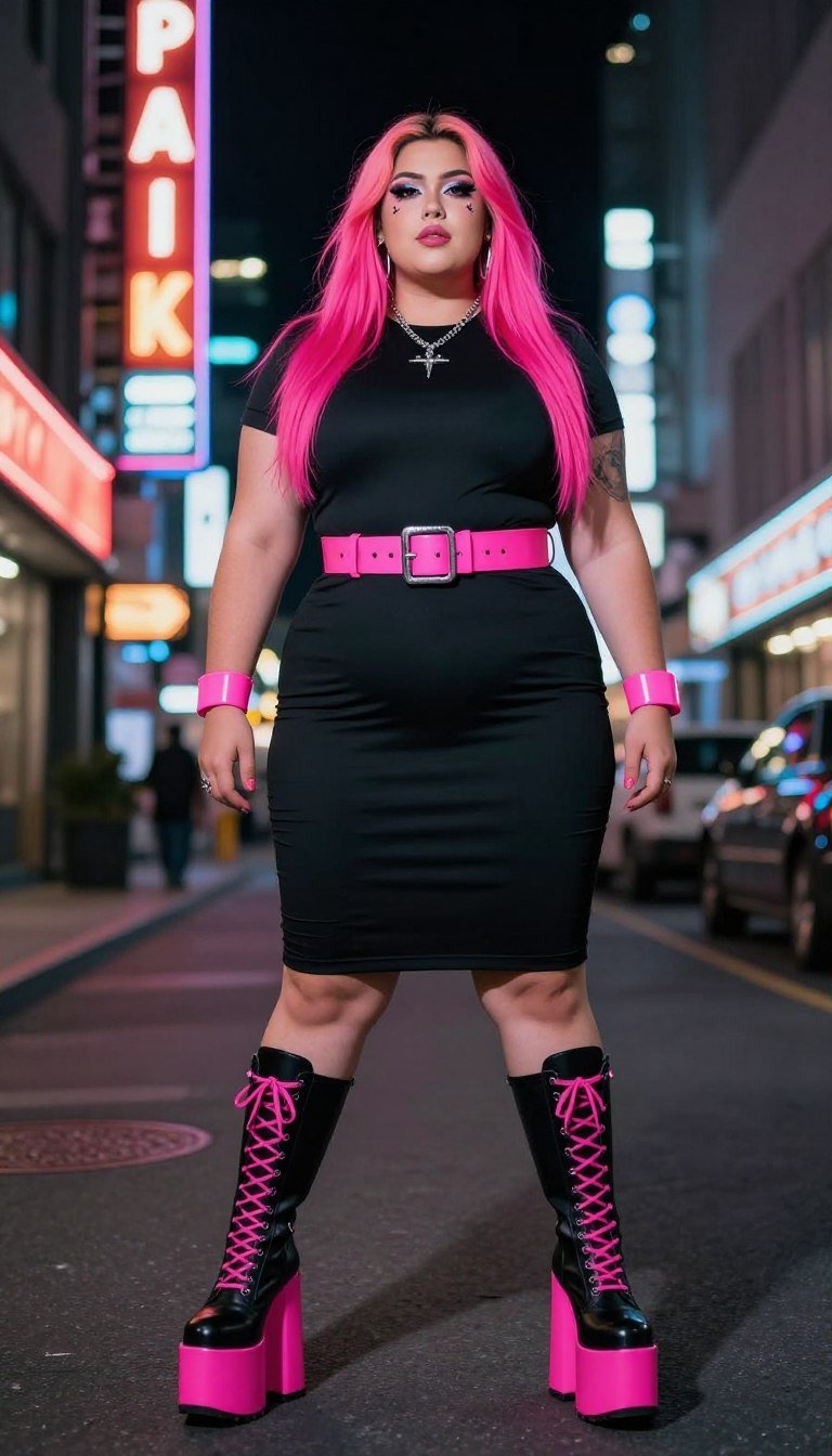 plus size cyber goth style with platform boots and neon details