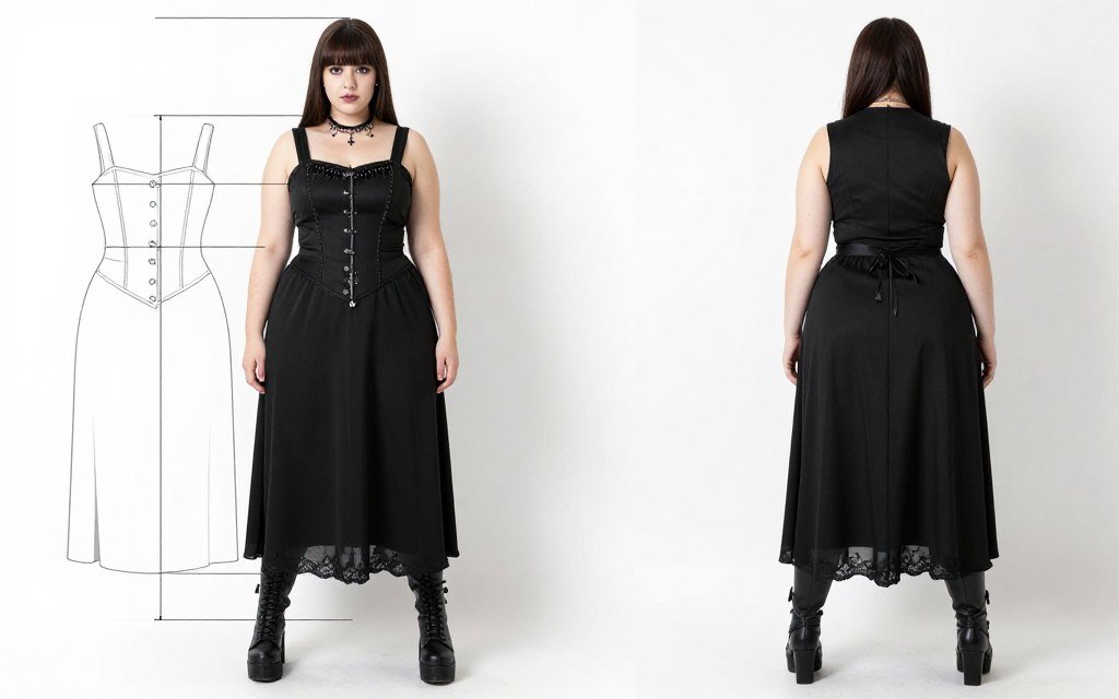 plus size goth outfit showing flattering proportions