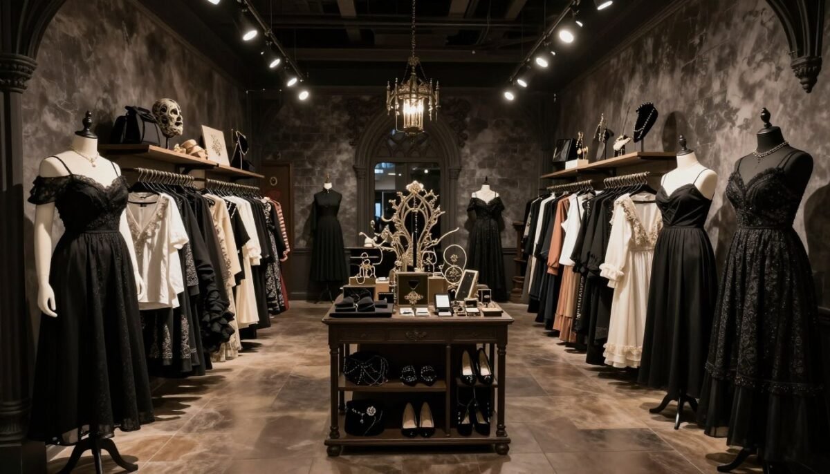 plus size gothic clothing store display with various items