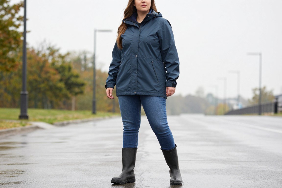 plus size mom in stylish rainy day outfit with waterproof jacket
