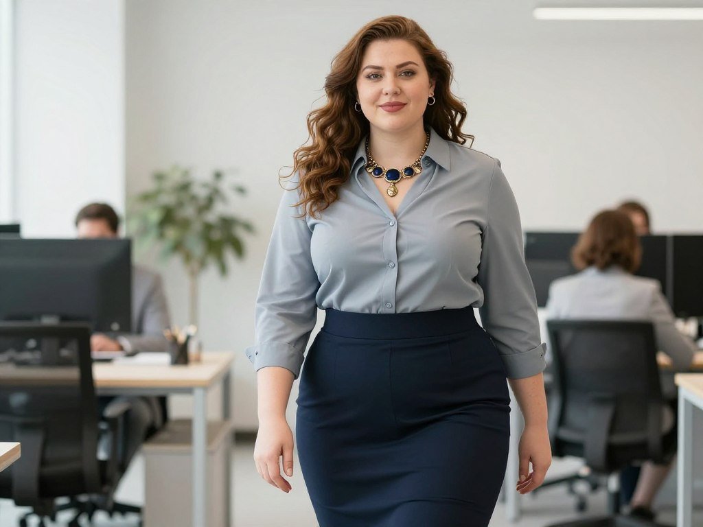 plus size professional in pencil skirt and blouse