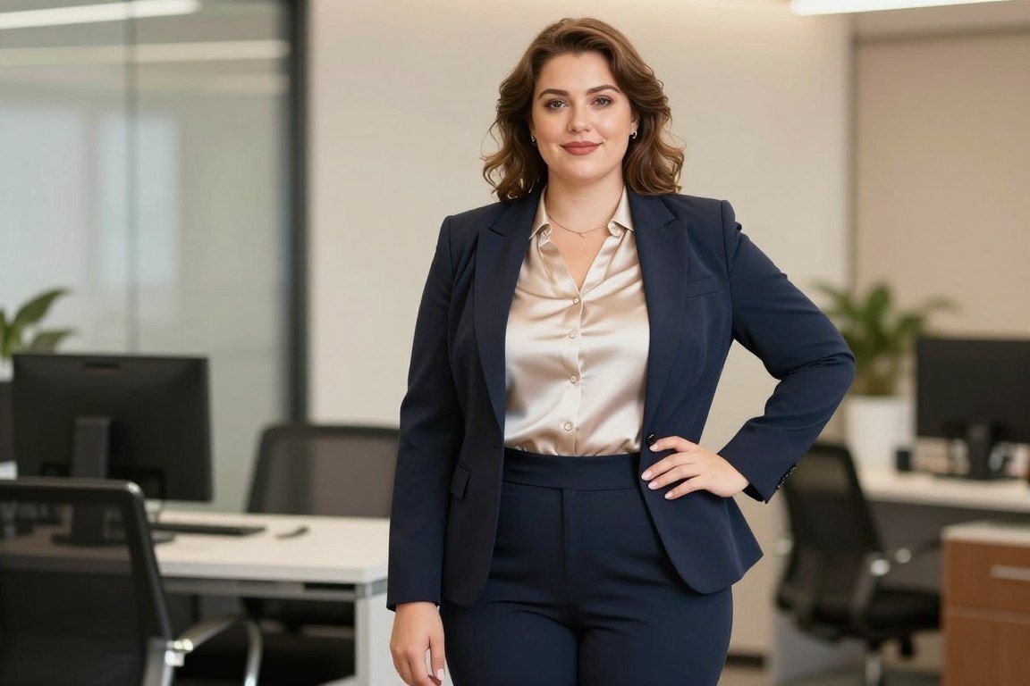 plus size professional woman in blazer and dress pants
