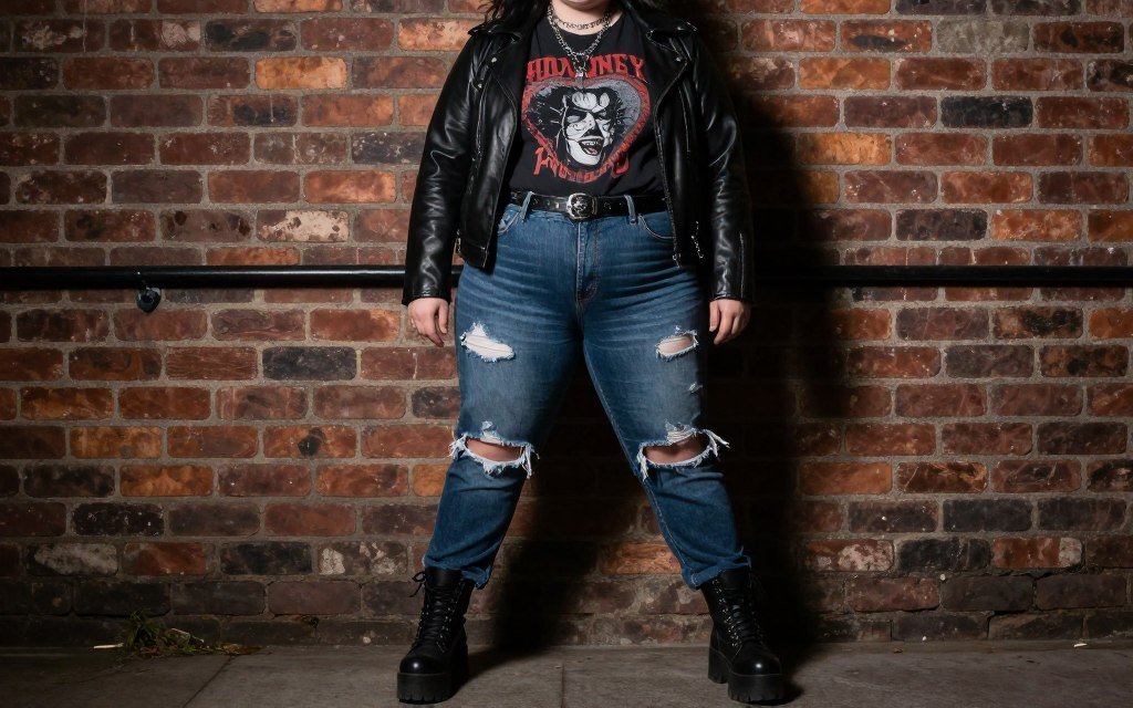 plus size traditional goth outfit with band shirt and leather