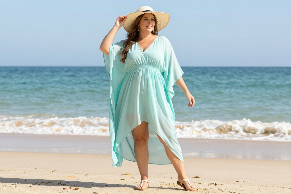 plus size woman in beach cover-up with wide-brimmed hat