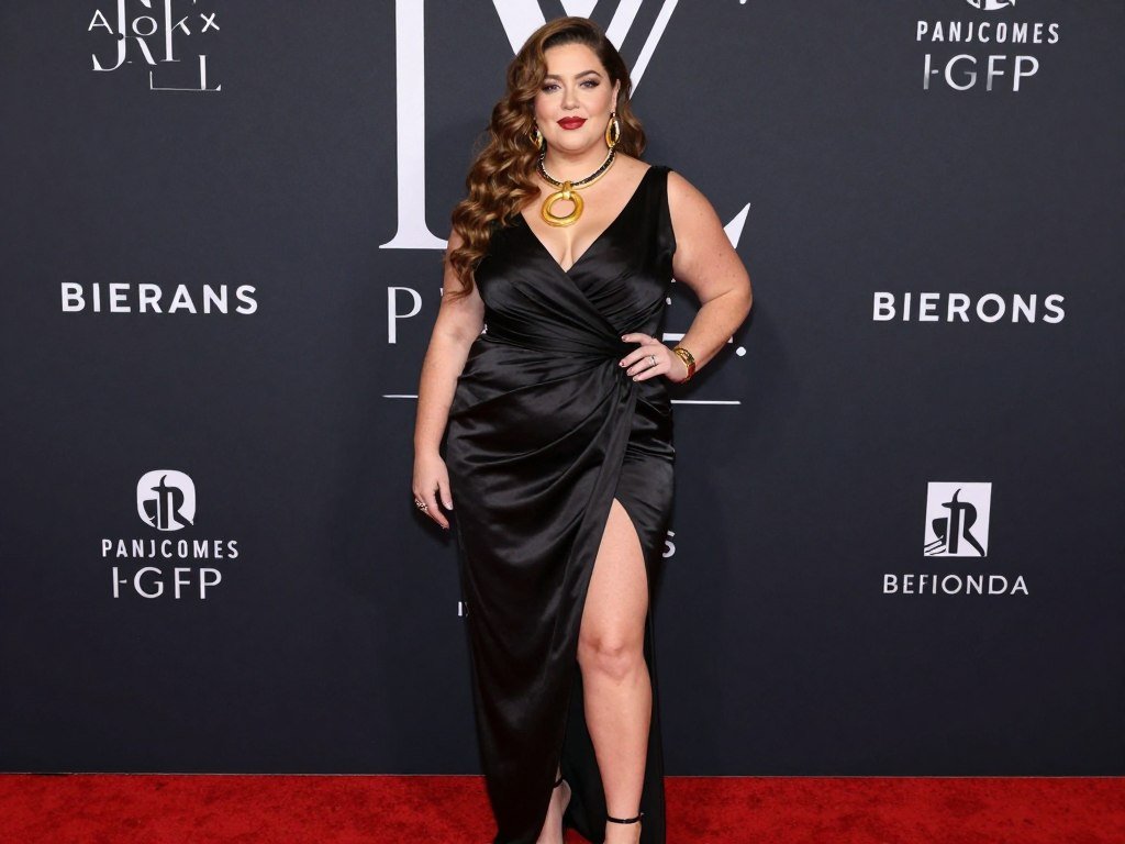 plus size woman in dressy wrap dress with accessories