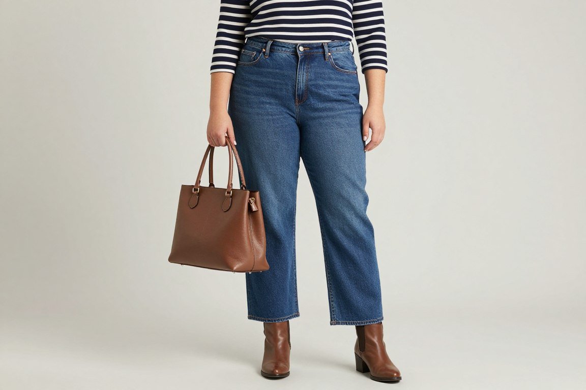plus size woman in striped long sleeve top with straight leg jeans