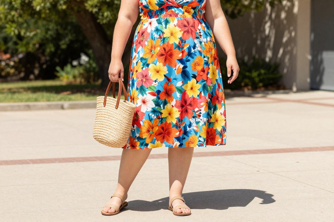 plus size woman in summer sundress with sandals
