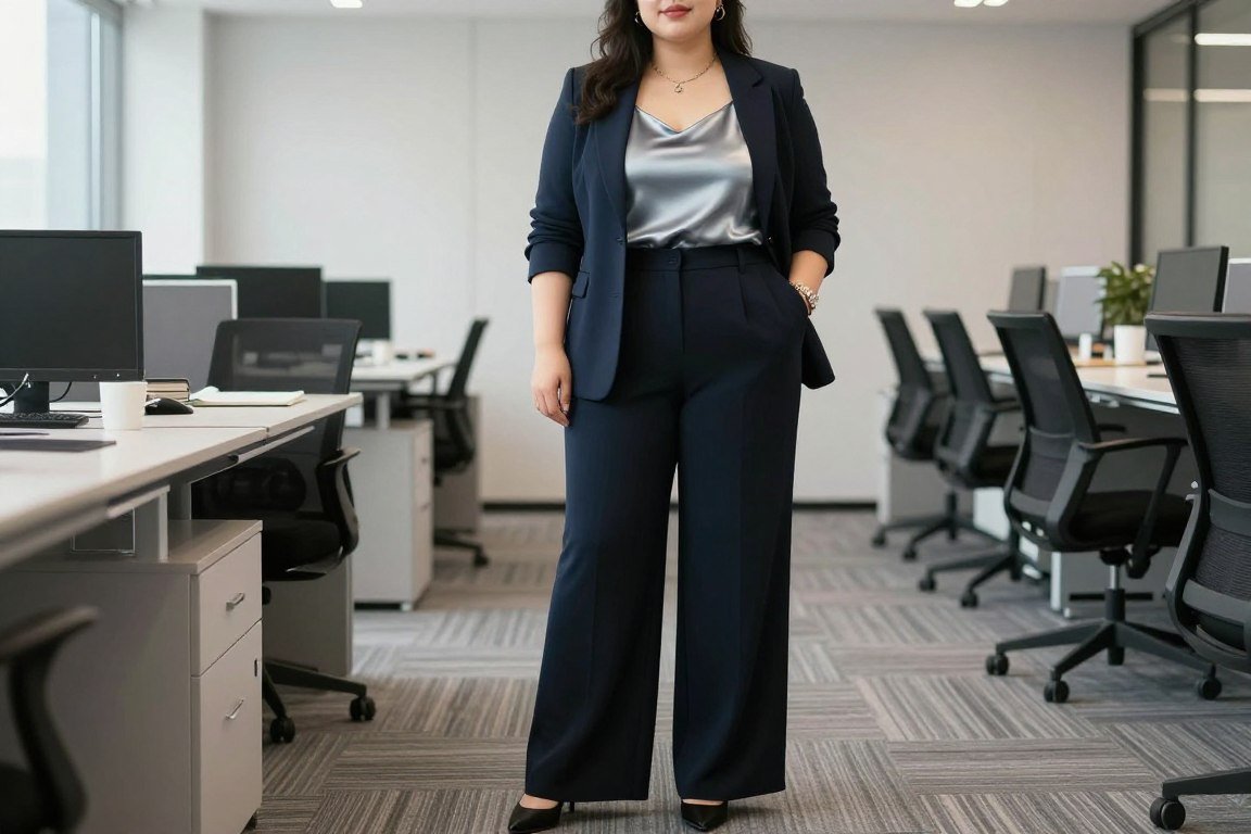 plus size woman in wide leg trousers with silk camisole