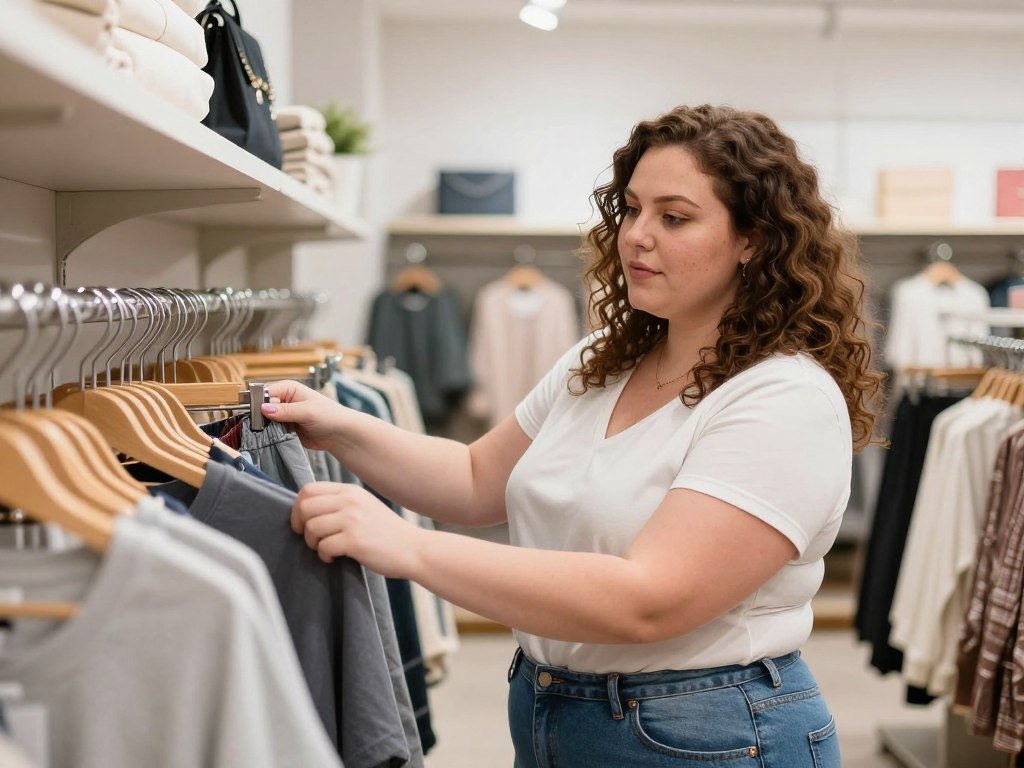 plus size woman shopping confidently in clothing store