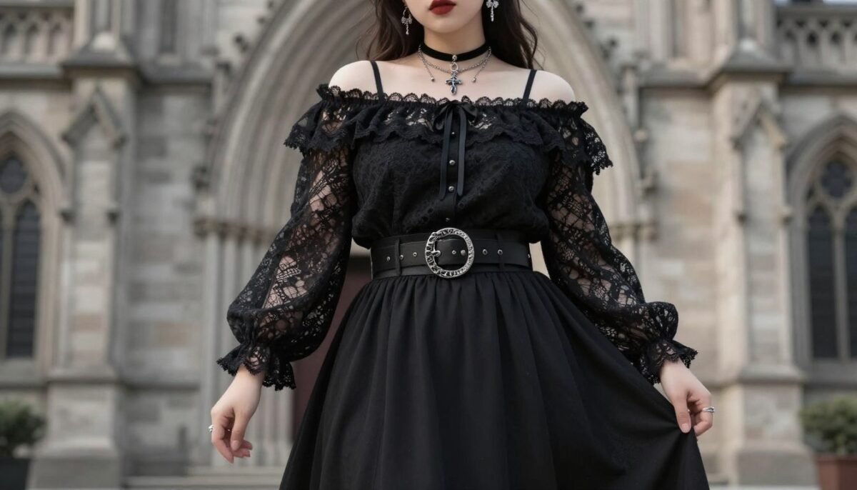 romantic plus size goth outfit with peasant blouse and midi skirt