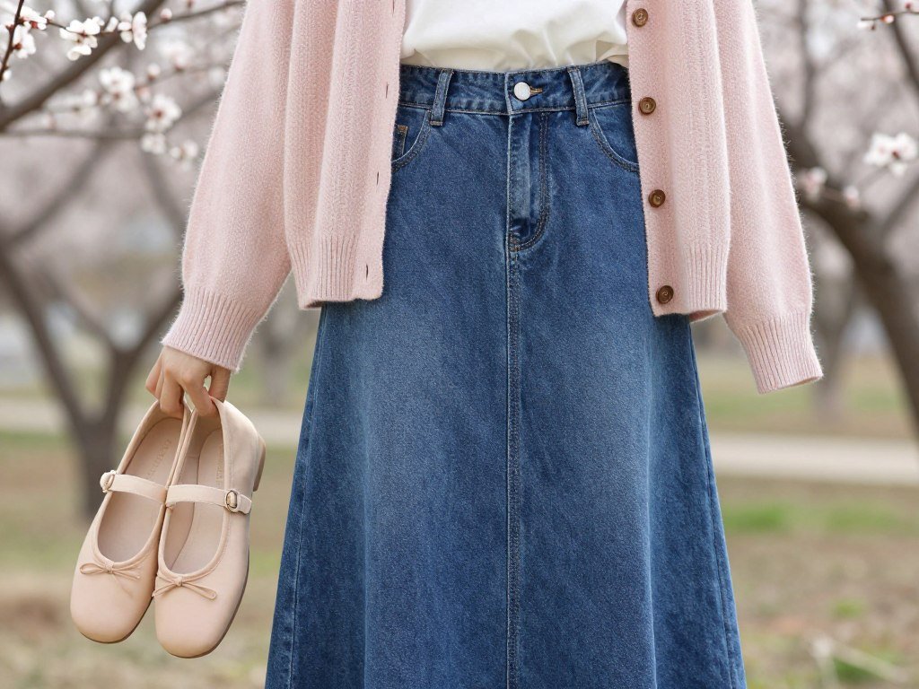 spring outfit long denim skirt with cardigan and ballet flats spring outfit long denim skirt with cardigan and ballet flats
