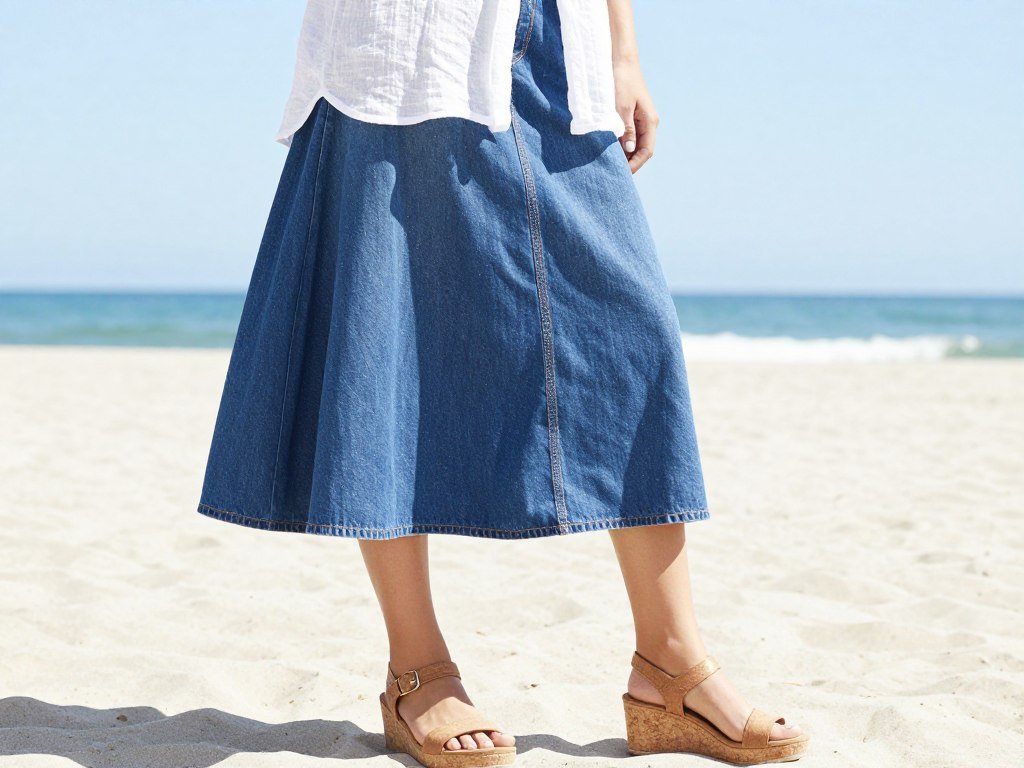 summer denim maxi skirt outfit with linen top and wedge sandals summer denim maxi skirt outfit with linen top and wedge sandals
