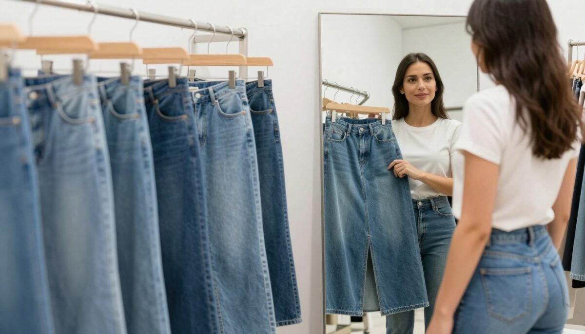 woman trying on different sizes and fits of long denim skirts in store woman trying on different sizes and fits of long denim skirts in store